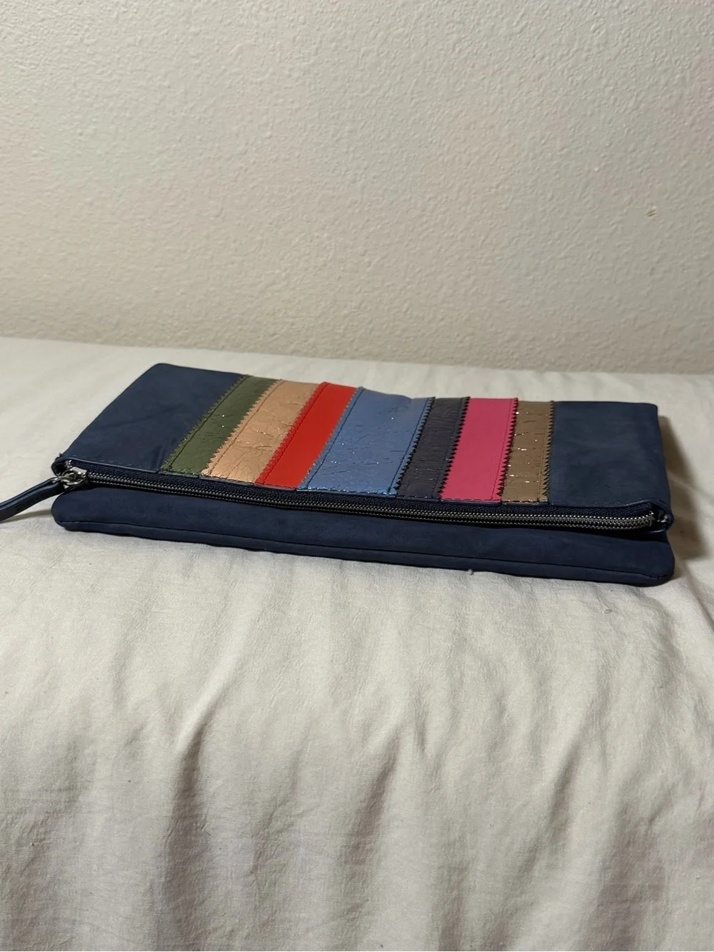 Stella & Dot Navy Multicolor Metallic Stripe Foldover Clutch Bag